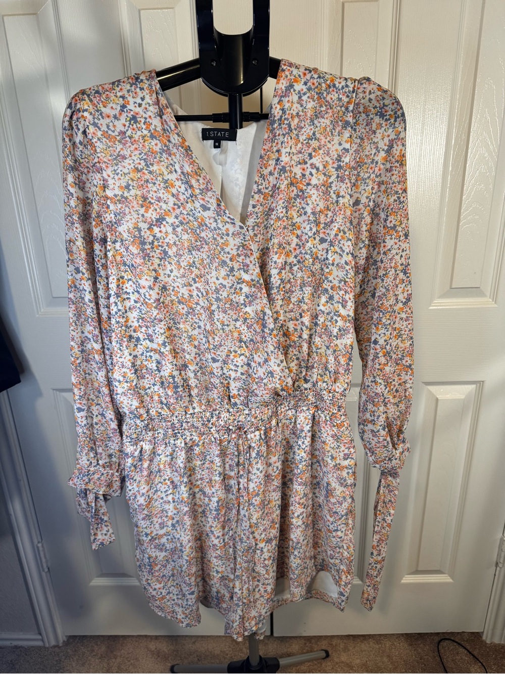 1. State Pastel Multi Floral Wrap Romper with Long Tie Sleeves